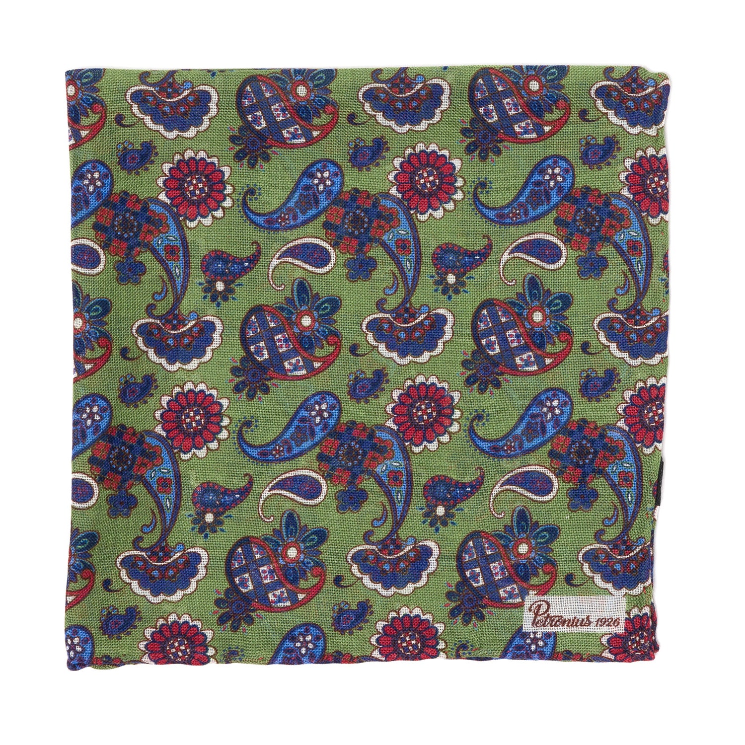 Cesare Attolini Green & Red Paisley Motif Wool Pocket Square Handmade in Italy 