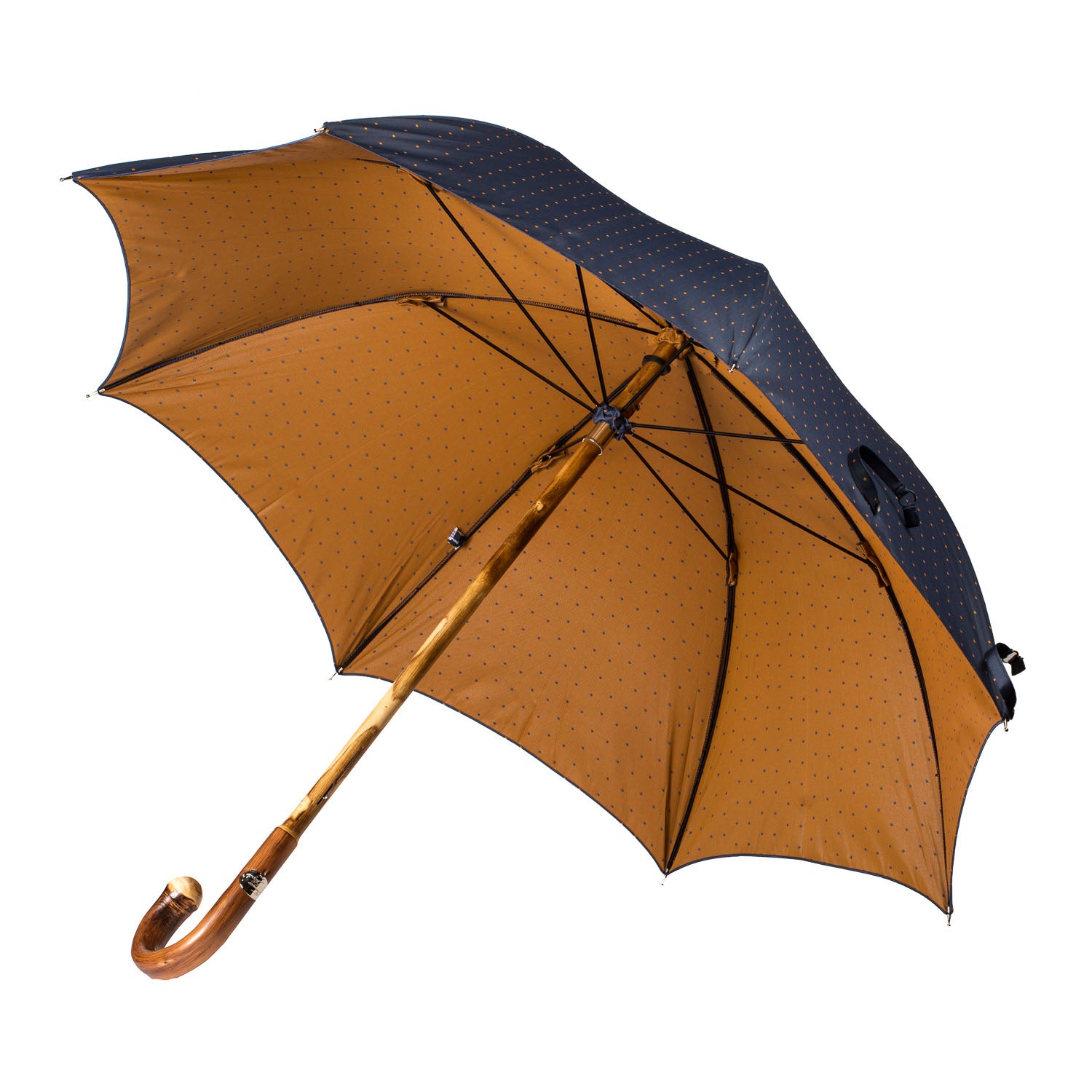 Blue umbrella with light brown dots and handle made of chestnut wood –  Michael Jondral