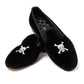Bowhill & Elliot x MJ: Black velvet slip-on "Skull & Crossbones" with leather sole - Handmade