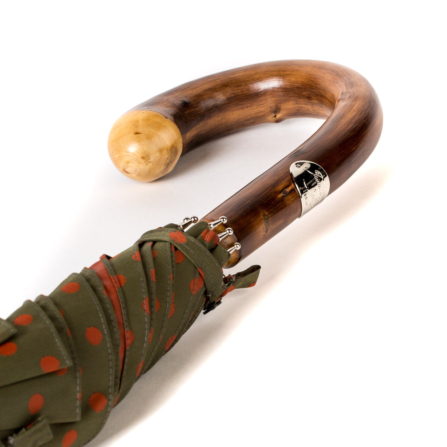 Olive-green umbrella with rust-red dots and handle made of chestnut wood –  Michael Jondral